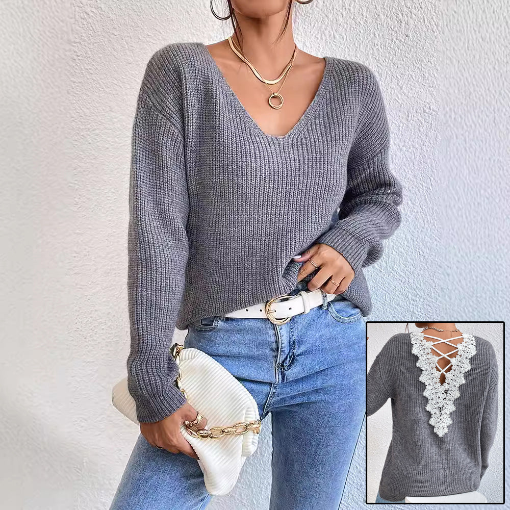 Y2K Backless V-Neck Cashmere Sweater for Women, Elegance Couture