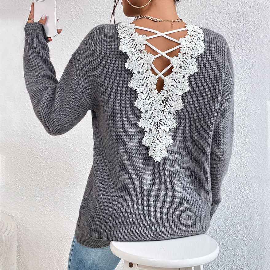 Y2K Backless V-Neck Cashmere Sweater for Women, Elegance Couture