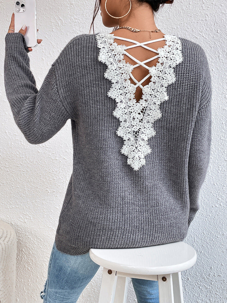 Y2K Backless V-Neck Cashmere Sweater for Women, Elegance Couture