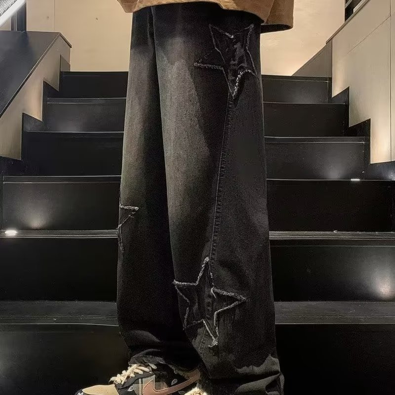 Star Embroidery Wide Leg Y2K Streetwear Denim Jeans, Elegance Couture