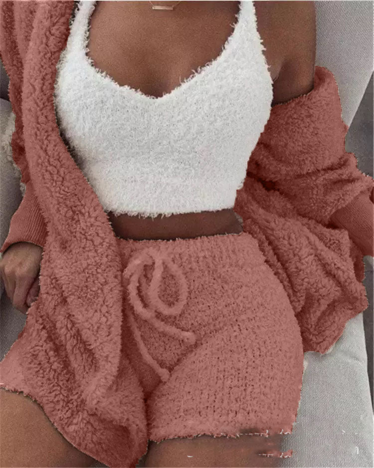 Women’s 3-Piece Plush Home Loungewear Set, Elegance Couture