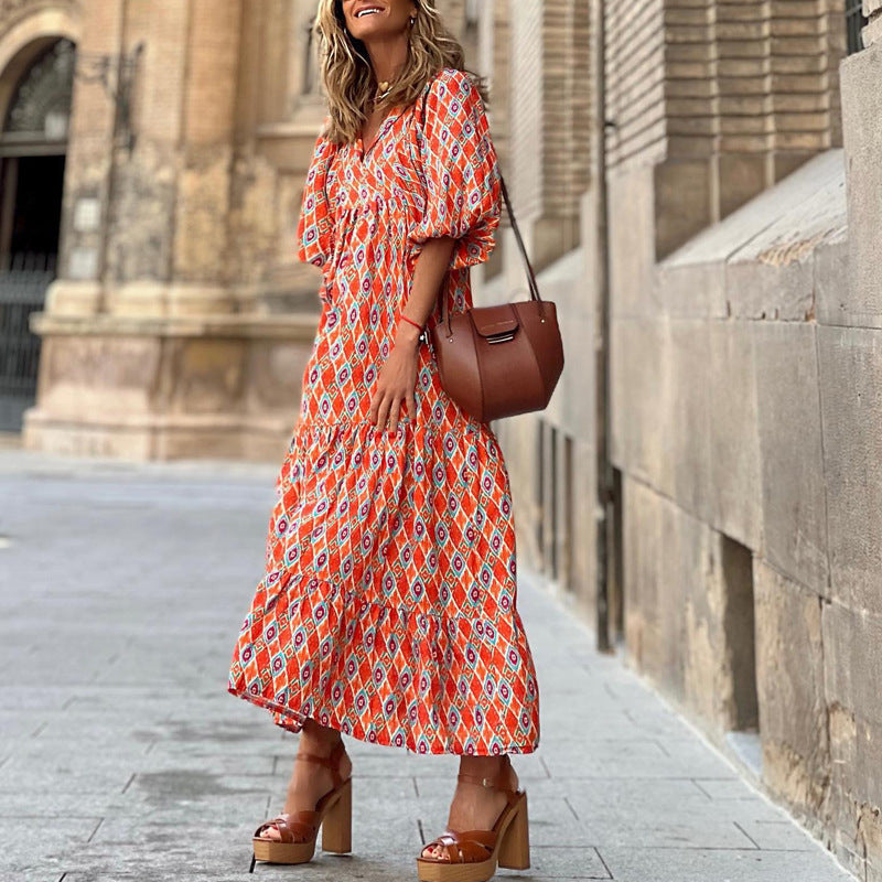 Women’s Bohemian Vintage Printed V-Neck Summer Dress, Elegance Couture