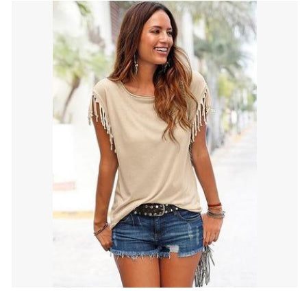 Plus Size Women’s Tassel Cotton Round Neck T-Shirt, Elegance Couture