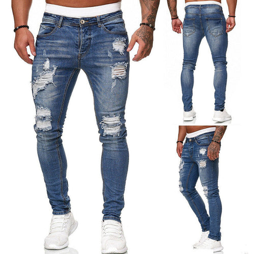 Men’s Ripped Skinny Vintage Wash Denim Jeans, Elegance Couture