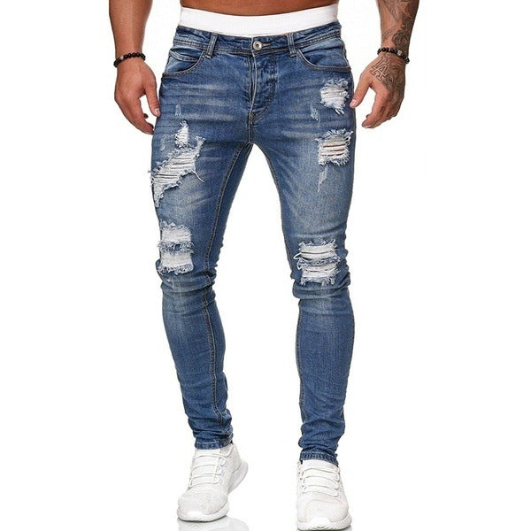 Men’s Ripped Skinny Vintage Wash Denim Jeans, Elegance Couture