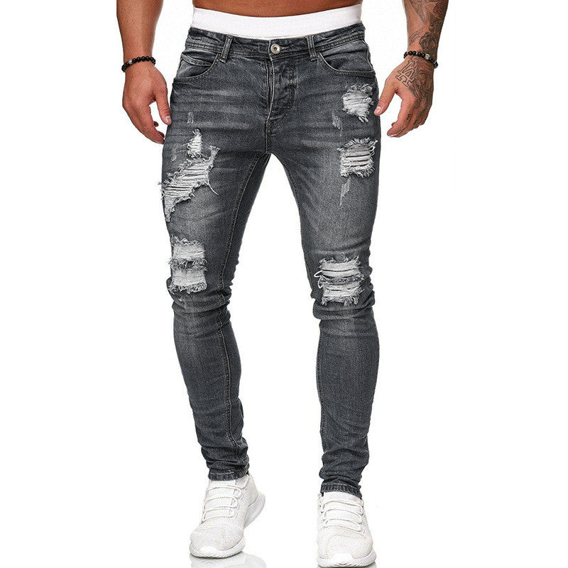 Men’s Ripped Skinny Vintage Wash Denim Jeans, Elegance Couture