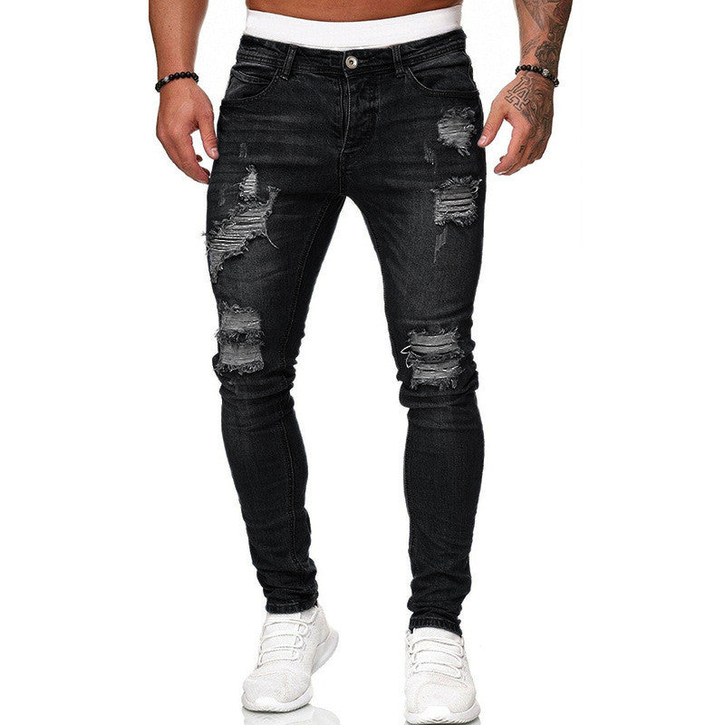Men’s Ripped Skinny Vintage Wash Denim Jeans, Elegance Couture