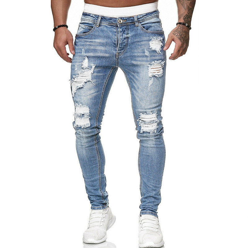 Men’s Ripped Skinny Vintage Wash Denim Jeans, Elegance Couture