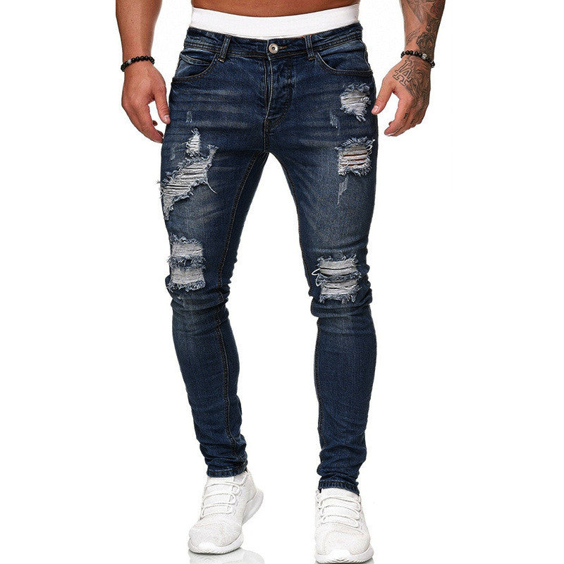 Men’s Ripped Skinny Vintage Wash Denim Jeans, Elegance Couture