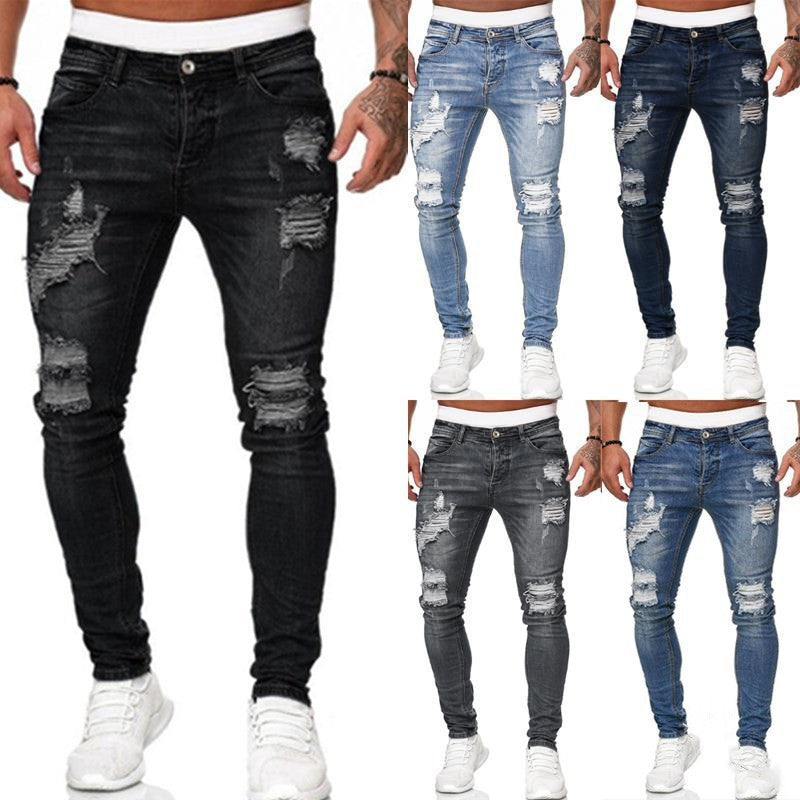Men’s Ripped Skinny Vintage Wash Denim Jeans, Elegance Couture