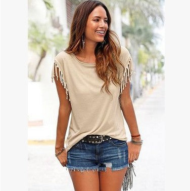 Plus Size Women’s Tassel Cotton Round Neck T-Shirt, Elegance Couture