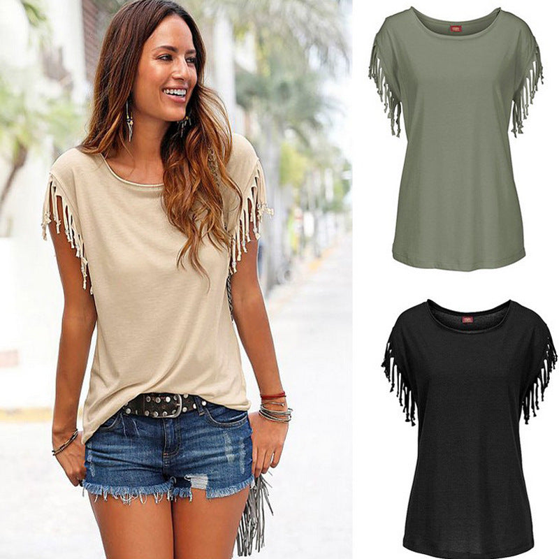 Plus Size Women’s Tassel Cotton Round Neck T-Shirt, Elegance Couture