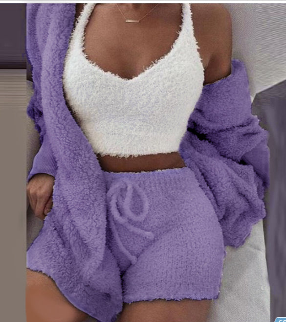 Women’s 3-Piece Plush Home Loungewear Set, Elegance Couture