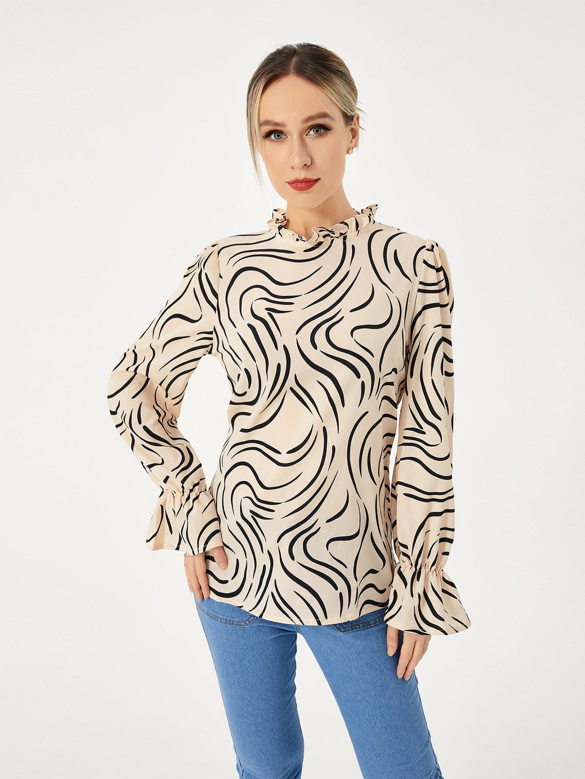 Ladies Graphic Balloon Sleeve Casual Shirt, Elegance Couture