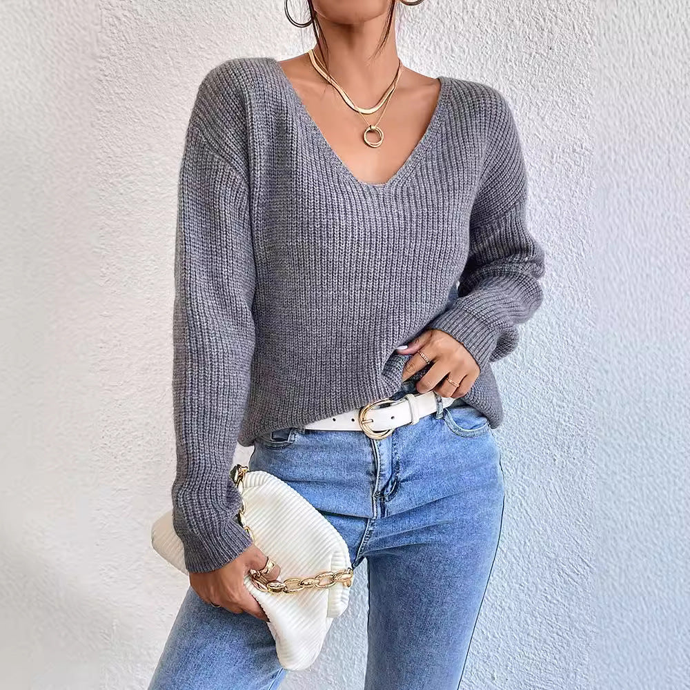 Y2K Backless V-Neck Cashmere Sweater for Women, Elegance Couture