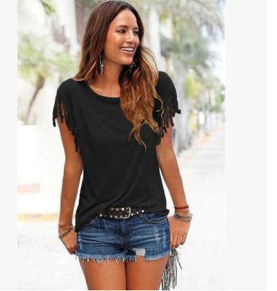 Plus Size Women’s Tassel Cotton Round Neck T-Shirt, Elegance Couture