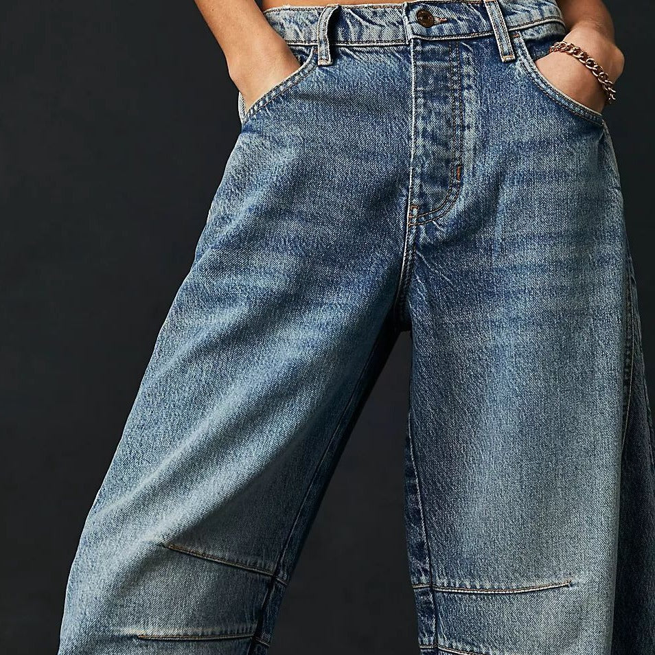 High Stretch Wide Leg Barrel Denim Jeans for Women, Elegance Couture