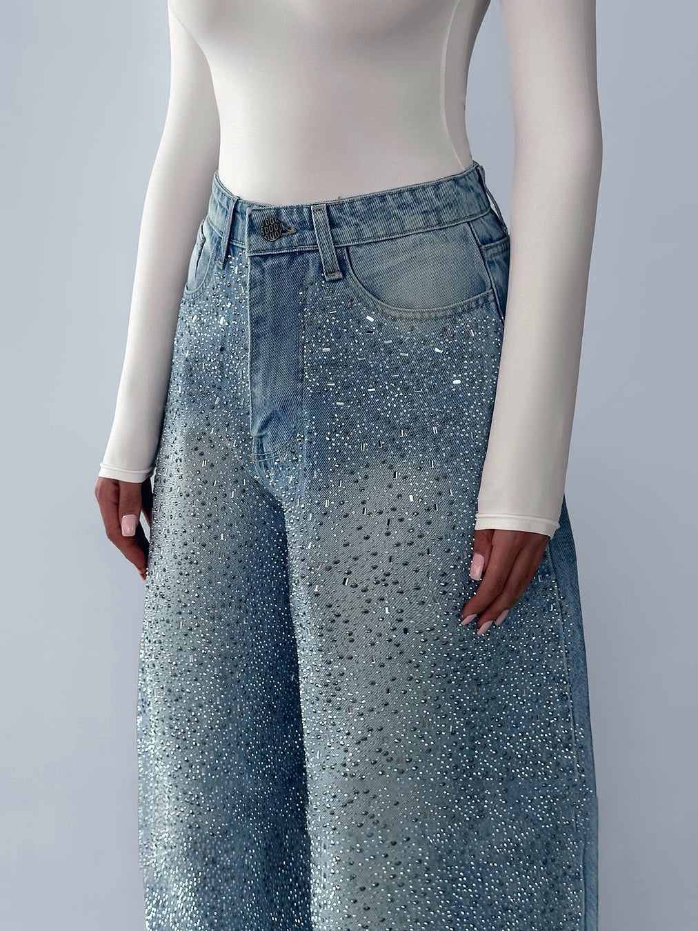 Irregular Rhinestone Fashion Denim Jeans for Women, Elegance Couture