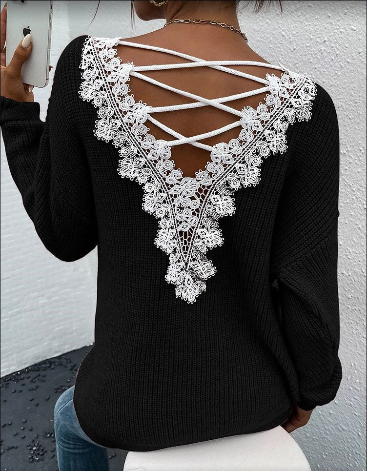 Y2K Backless V-Neck Cashmere Sweater for Women, Elegance Couture