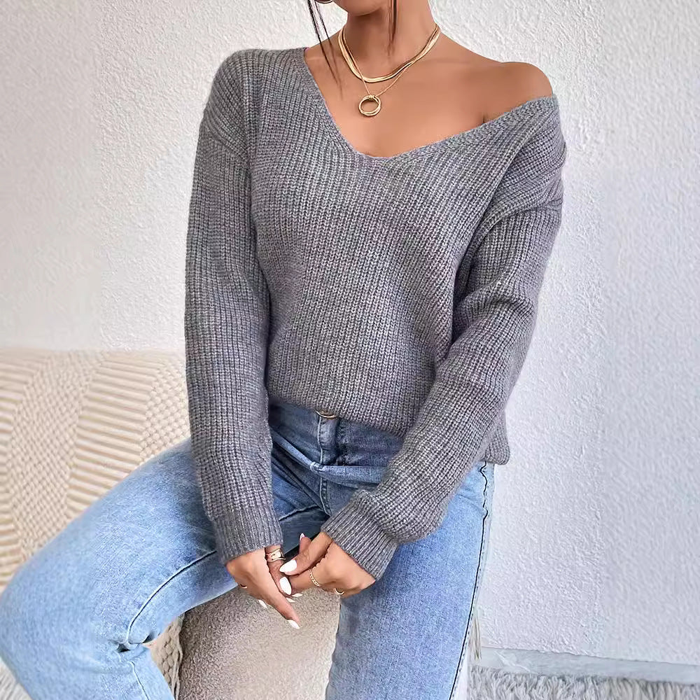 Y2K Backless V-Neck Cashmere Sweater for Women, Elegance Couture