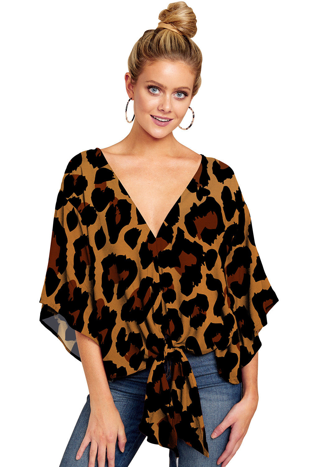 Women’s Leopard Print V-Neck Tie Front Blouse, Elegance Couture