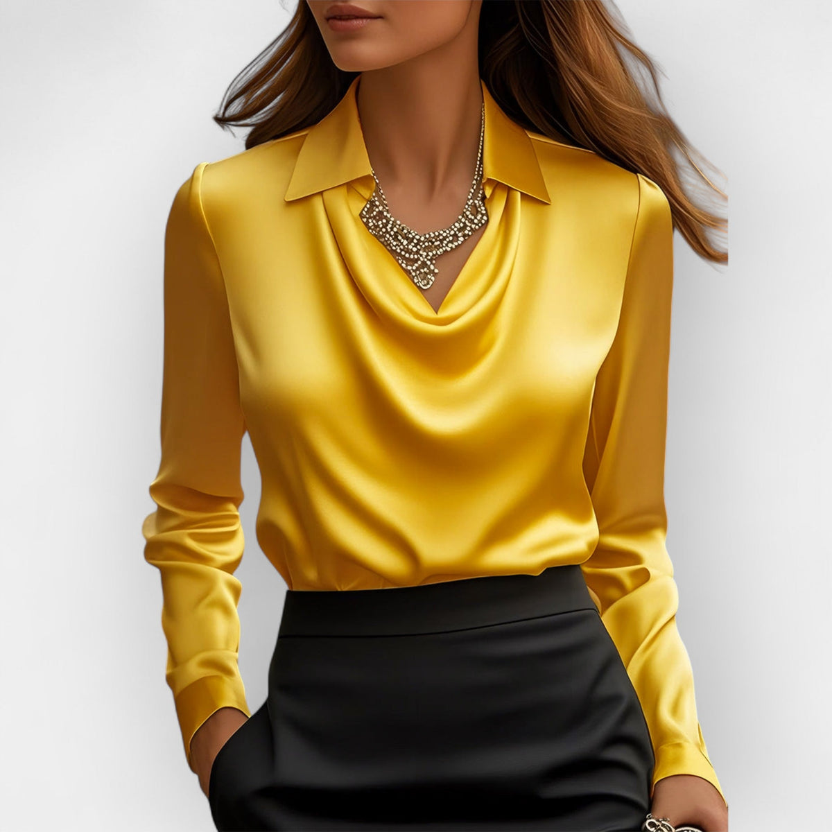 Women’s Satin Draped Office Blouse Long Sleeve Top, Elegance Couture