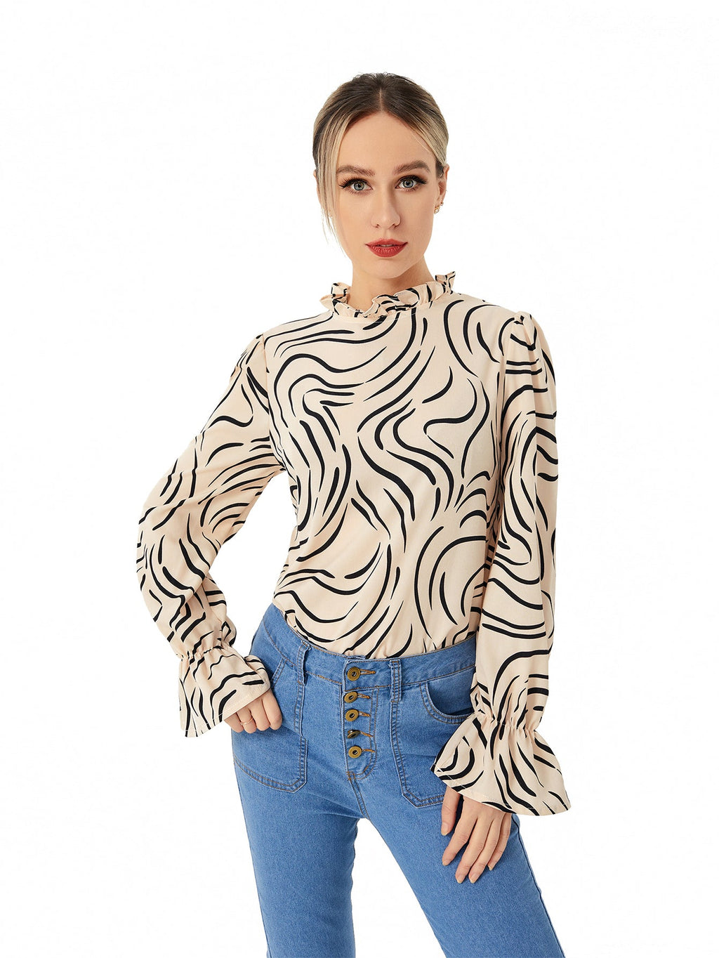 Ladies Graphic Balloon Sleeve Casual Shirt, Elegance Couture