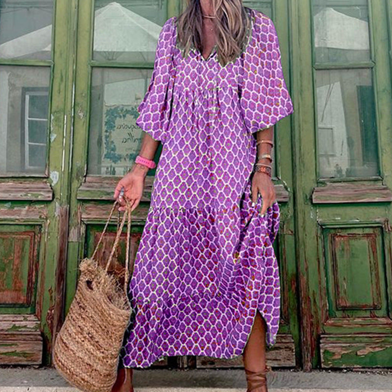 Women’s Bohemian Vintage Printed V-Neck Summer Dress, Elegance Couture