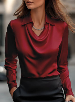 Women’s Satin Draped Office Blouse Long Sleeve Top, Elegance Couture