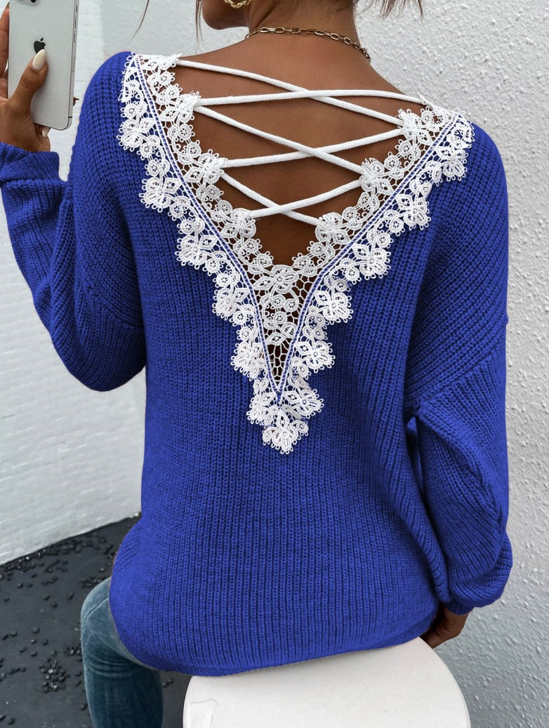 Y2K Backless V-Neck Cashmere Sweater for Women, Elegance Couture