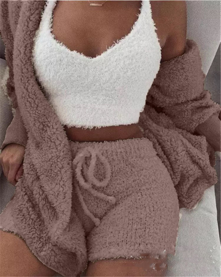 Women’s 3-Piece Plush Home Loungewear Set, Elegance Couture