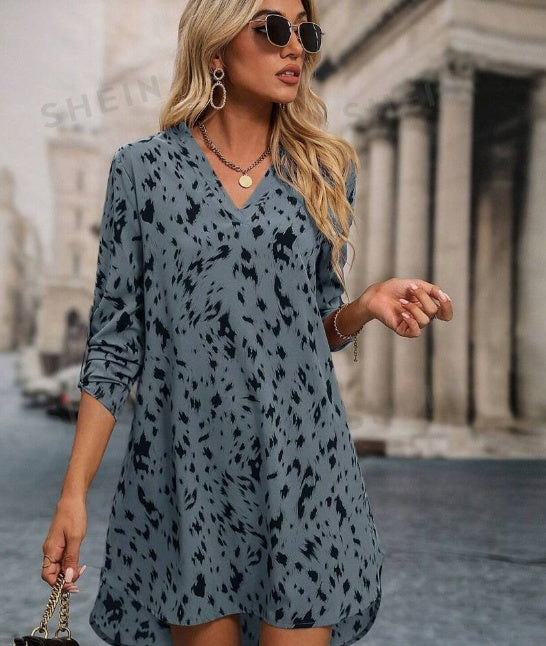Women’s Allover Print High Low V-Neck Tunic Dress, Elegance Couture