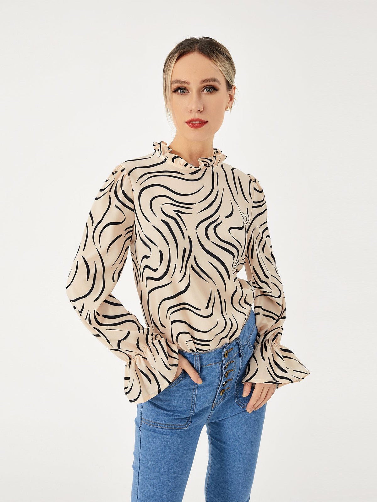 Ladies Graphic Balloon Sleeve Casual Shirt, Elegance Couture
