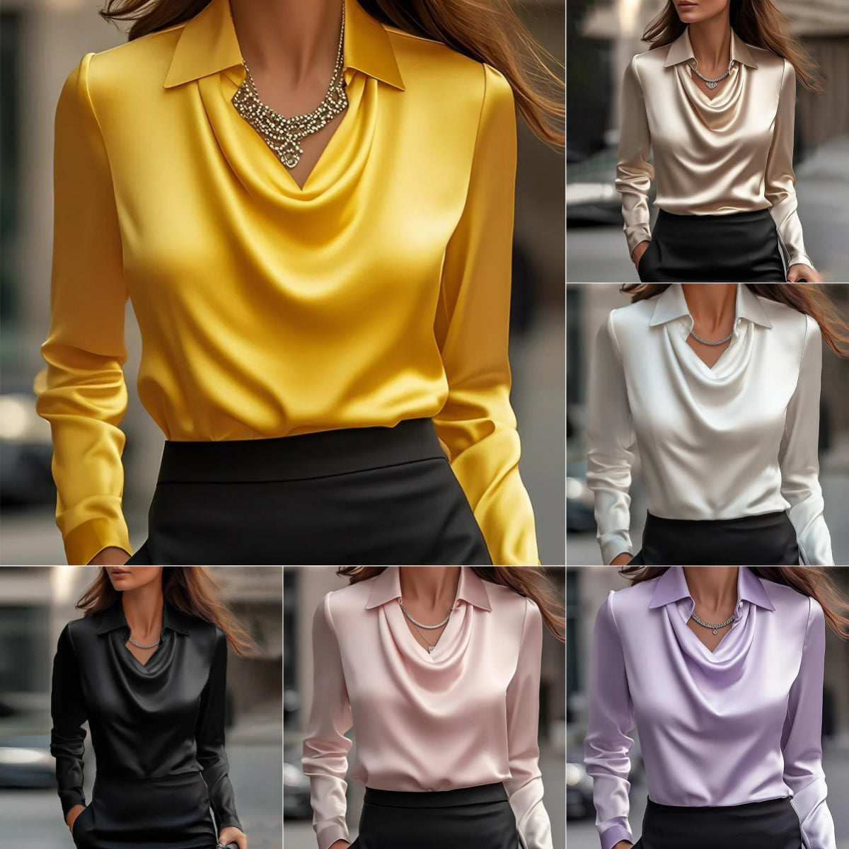 Women’s Satin Draped Office Blouse Long Sleeve Top, Elegance Couture