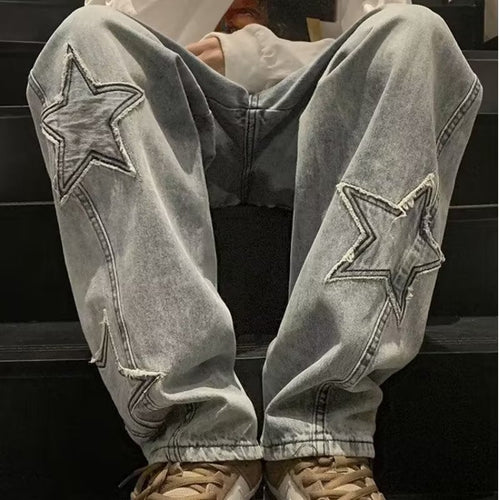 Star Embroidery Wide Leg Y2K Streetwear Denim Jeans, Elegance Couture
