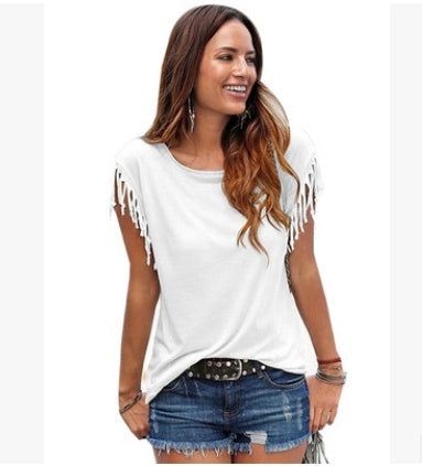 Plus Size Women’s Tassel Cotton Round Neck T-Shirt, Elegance Couture