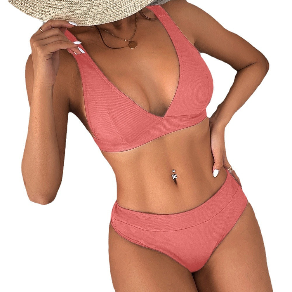 Women’s Ribbed Lace-Up Split Bikini Swimwear, Elegance Couture