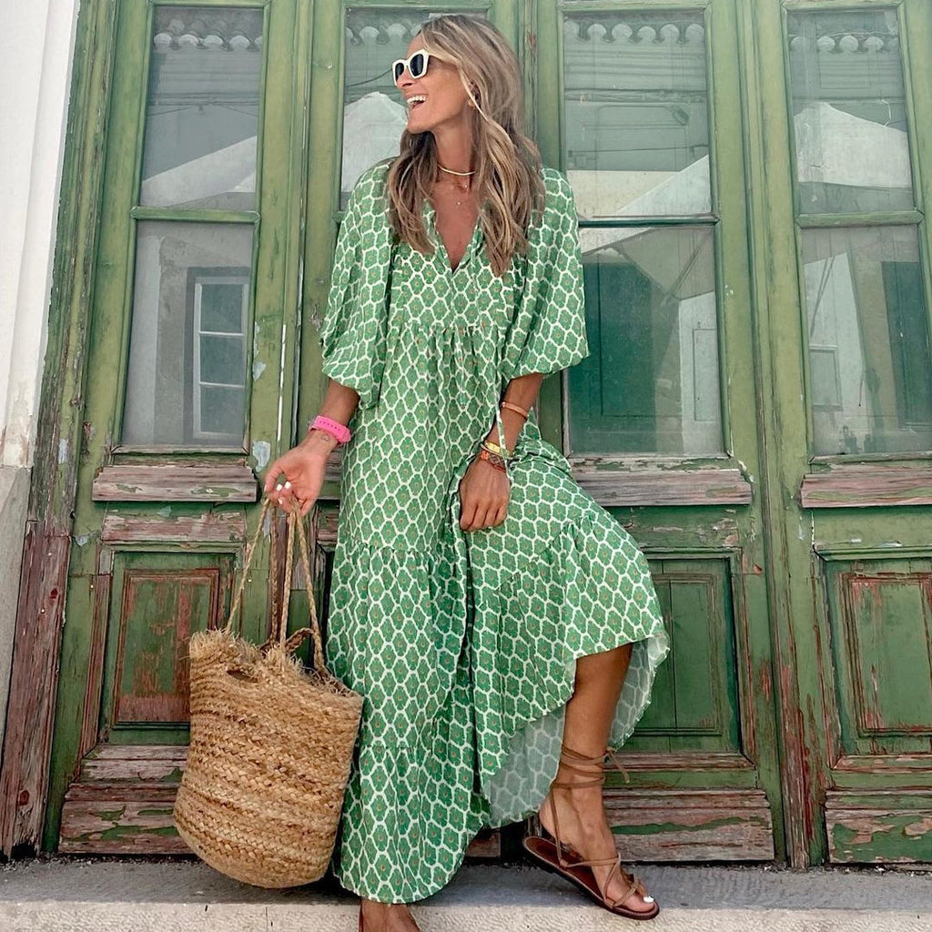 Women’s Bohemian Vintage Printed V-Neck Summer Dress, Elegance Couture