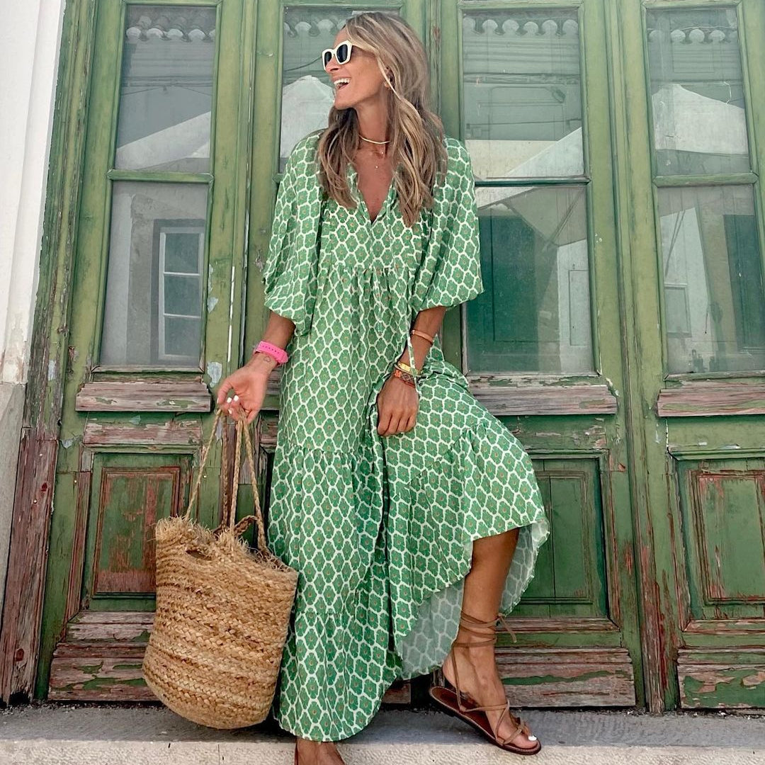 Women’s Bohemian Vintage Printed V-Neck Summer Dress, Elegance Couture