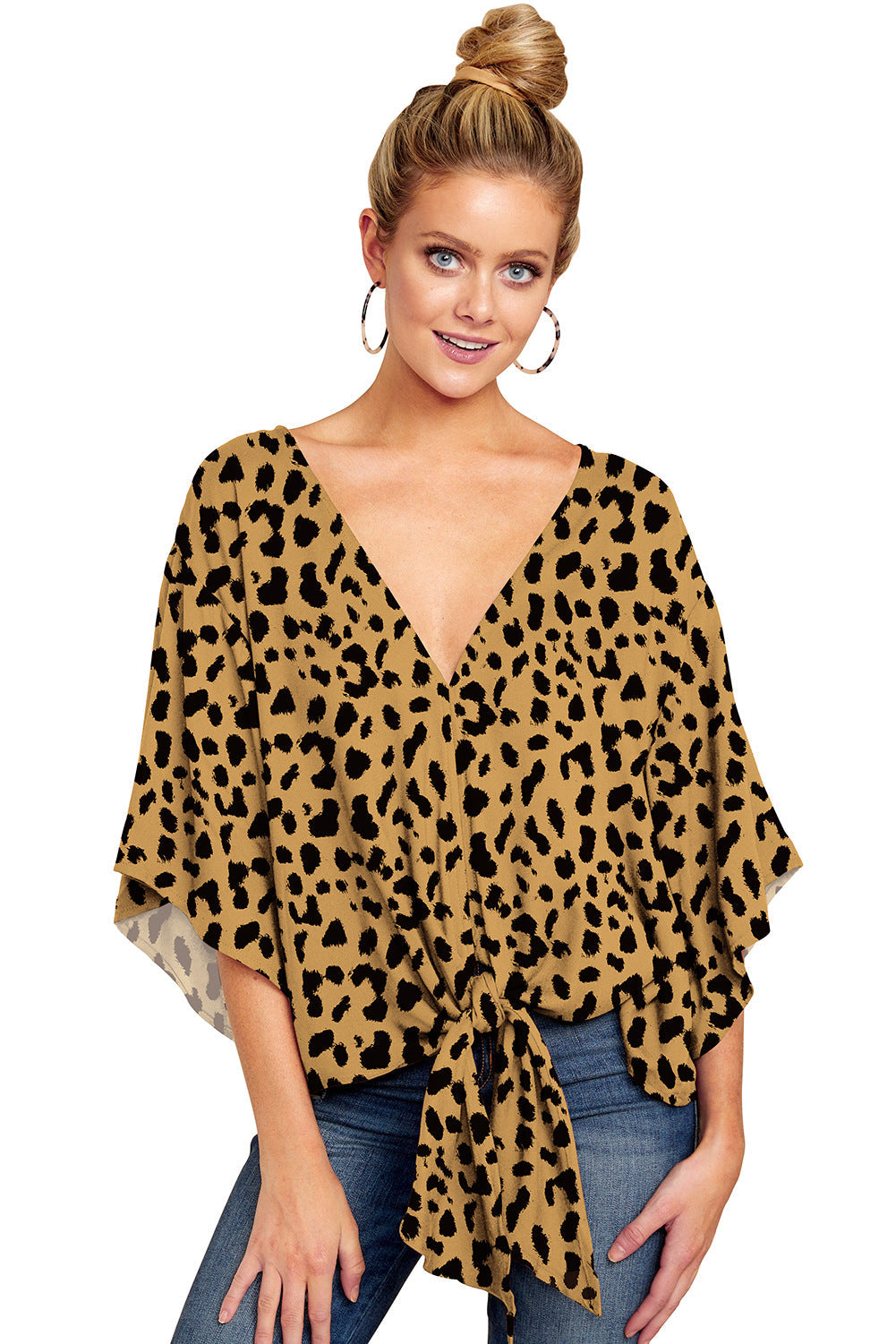 Women’s Leopard Print V-Neck Tie Front Blouse, Elegance Couture