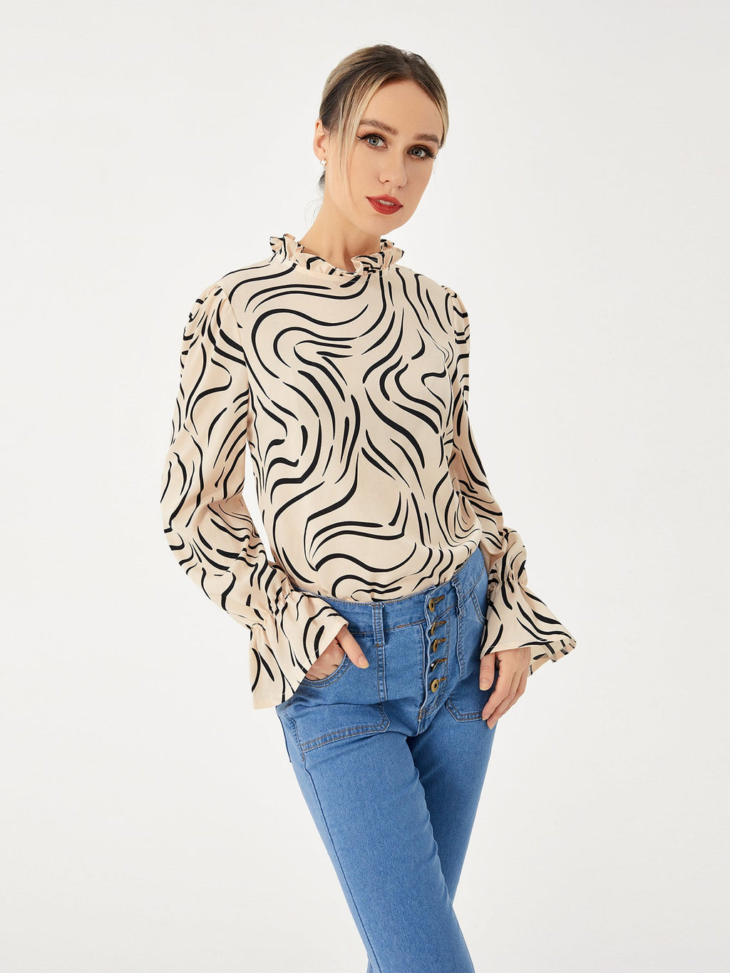 Ladies Graphic Balloon Sleeve Casual Shirt, Elegance Couture