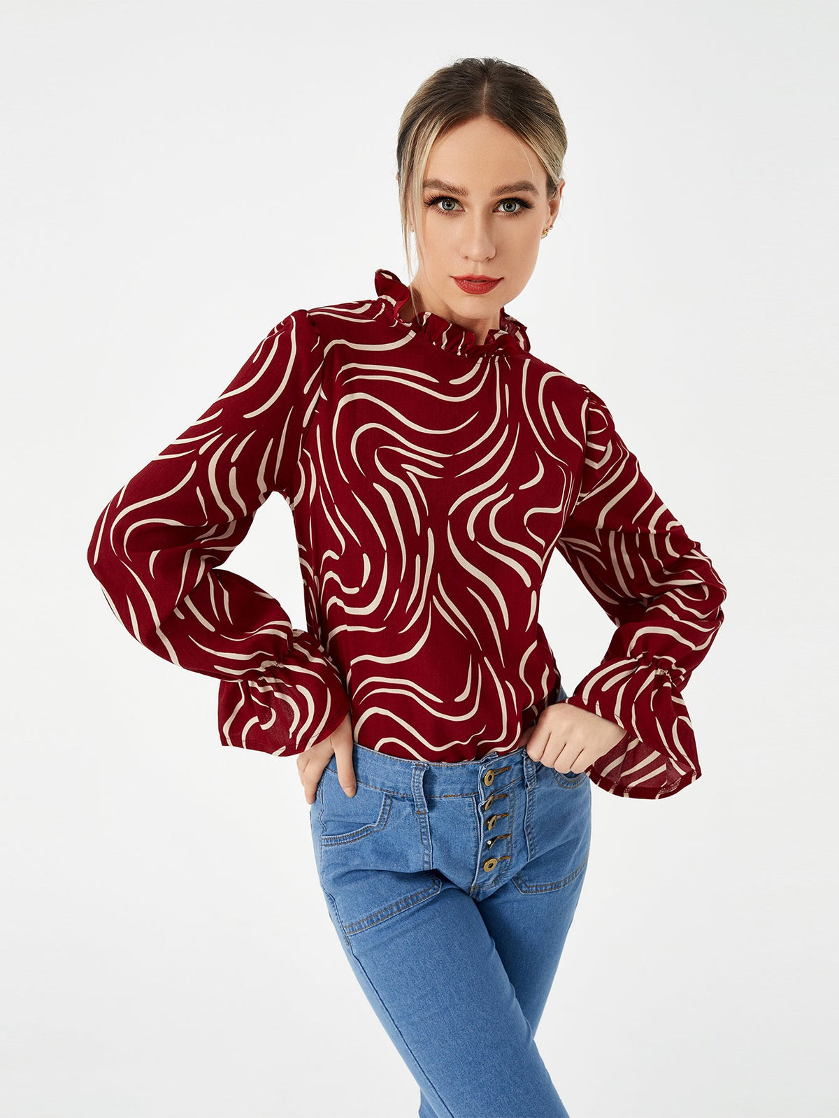 Ladies Graphic Balloon Sleeve Casual Shirt, Elegance Couture