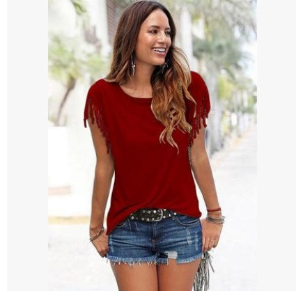 Plus Size Women’s Tassel Cotton Round Neck T-Shirt, Elegance Couture