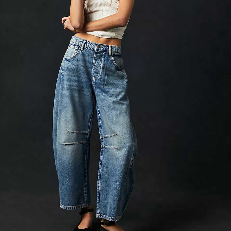 High Stretch Wide Leg Barrel Denim Jeans for Women, Elegance Couture