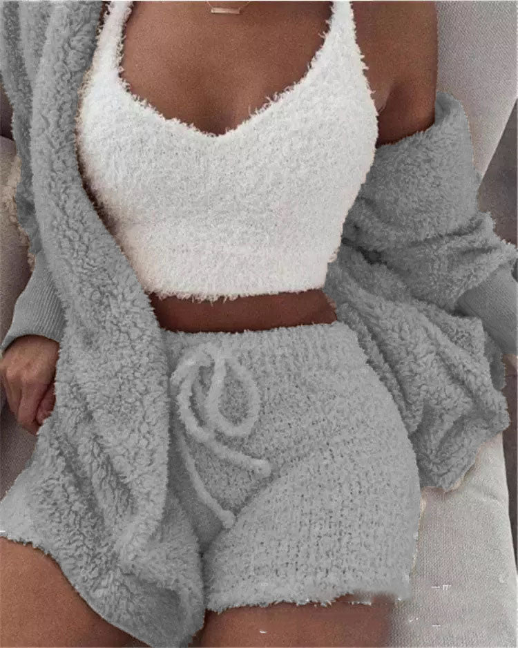 Women’s 3-Piece Plush Home Loungewear Set, Elegance Couture