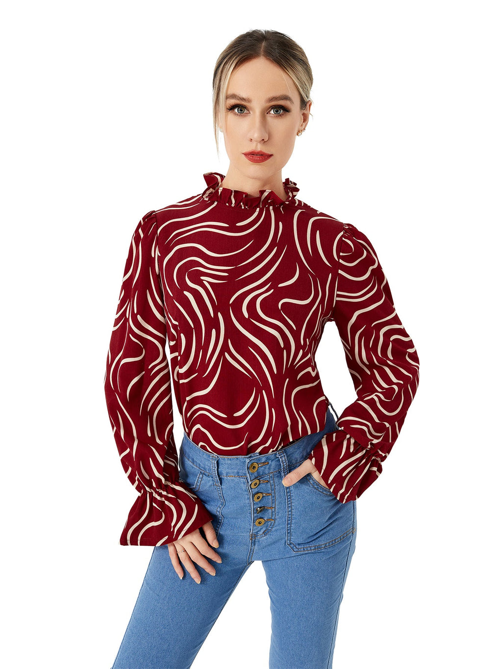 Ladies Graphic Balloon Sleeve Casual Shirt, Elegance Couture