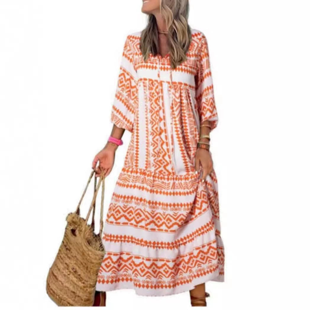 Women’s Bohemian Vintage Printed V-Neck Summer Dress, Elegance Couture
