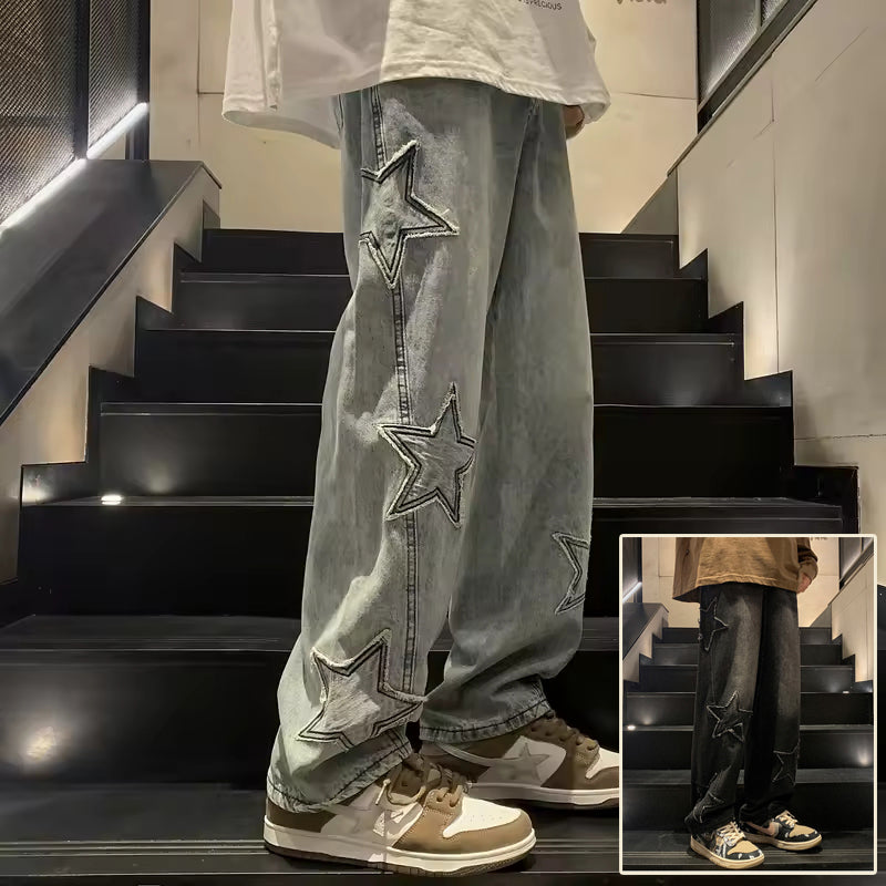 Star Embroidery Wide Leg Y2K Streetwear Denim Jeans, Elegance Couture