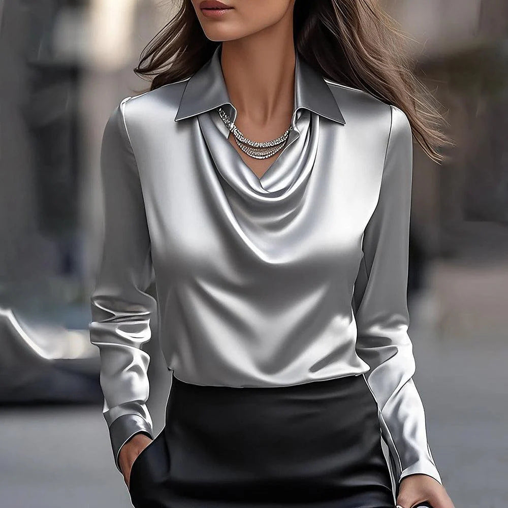 Women’s Satin Draped Office Blouse Long Sleeve Top, Elegance Couture