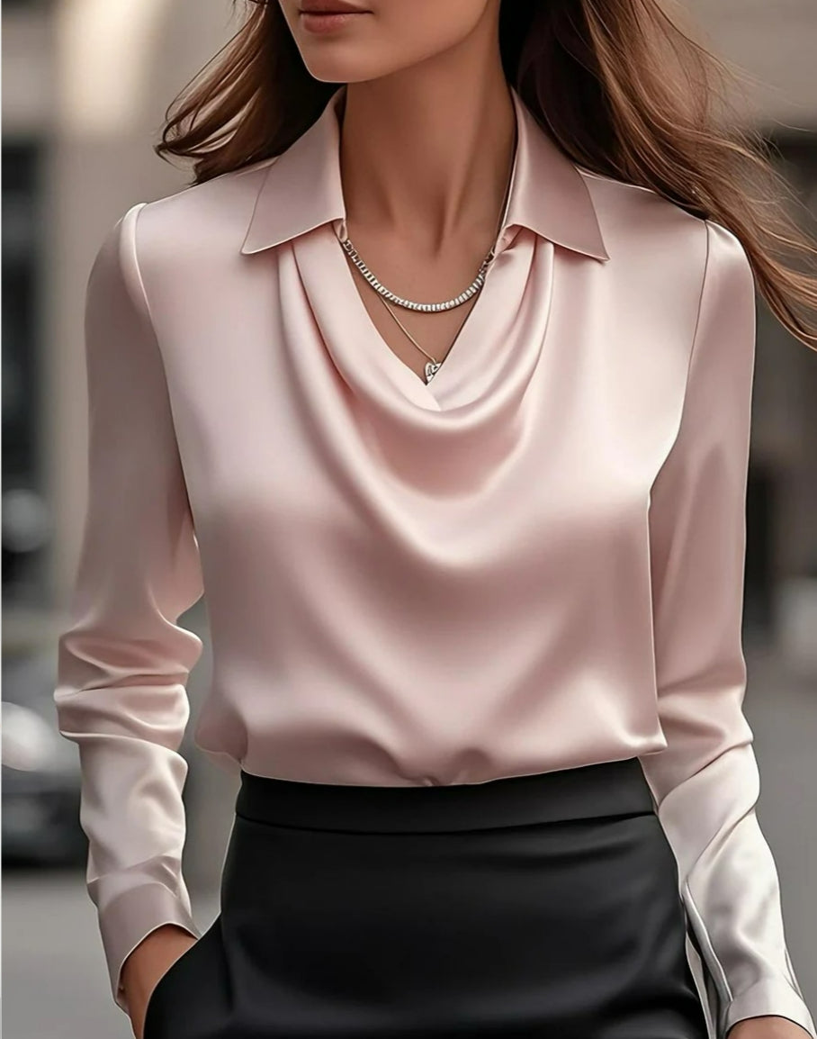 Women’s Satin Draped Office Blouse Long Sleeve Top, Elegance Couture